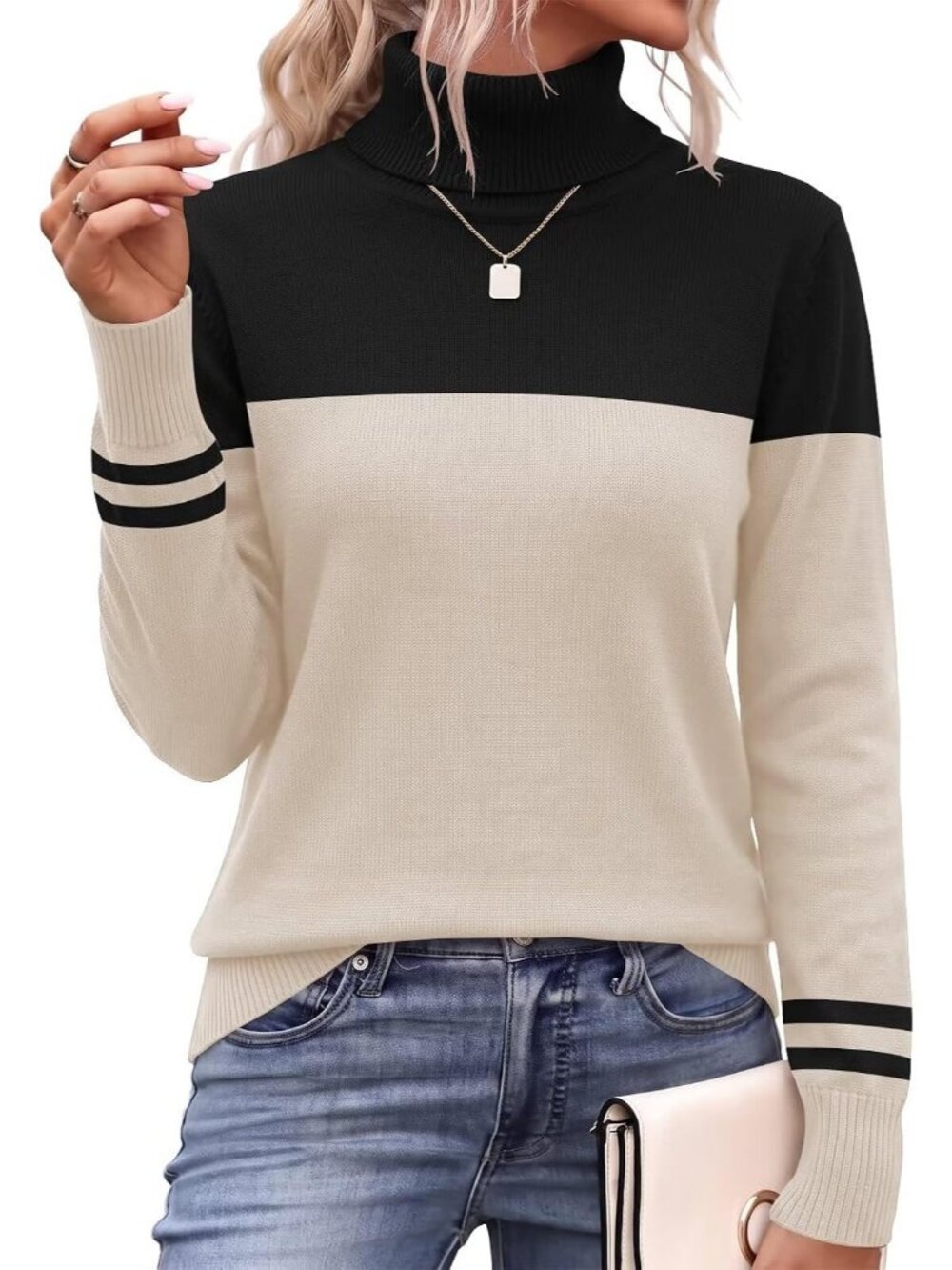 Women’s Black Apricot Long Sleeve Spilt Hem Knit Pullover Tops Chunky Sweater